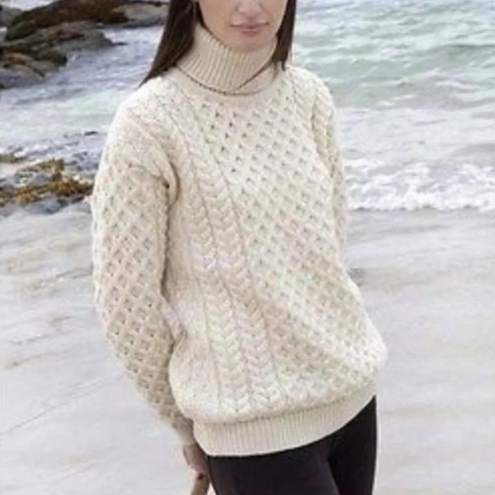 Aran Crafts Merino Wool Turtleneck Sweater Irish Honeycomb Knit  XS